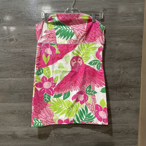 Lilly Pulitzer Pink Strapless A-Line Mini Dress Port Of Caw Parrot Size 14 XS - Picture 1 of 11